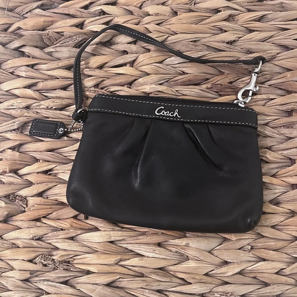Authentic Coach Black Leather Wristlet with Silver Hardware